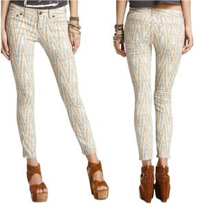 Free People Cropped Ikat Jeans Ankle Zip Skinny Women's 29 Stretch Boho Mid Rise